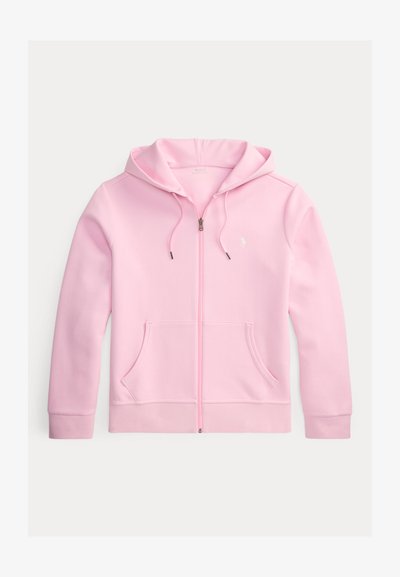 Hele roosa lukkuga kapuutsiga dressipluus paelade, eest taskute ja vasakul rinnal väikese tikitud logoga.