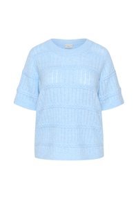 Suéter de manga corta azul claro hecho de tejido texturizado. Presenta un patrón acanalado y un escote redondo amplio. Corte casual con hombros caídos.