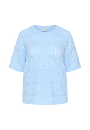 Lichtblauwe trui met korte mouwen gemaakt van een gestructureerde stof. Heeft een geribbeld patroon en een brede ronde halslijn. Casual pasvorm met afgezette schouders.
