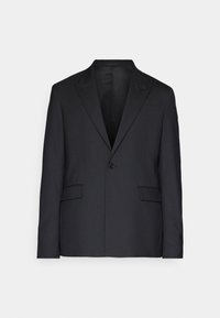 Black blazer made of smooth fabric, featuring a single button, notch lapels, and two front pockets. Tailored fit with a structured silhouette.