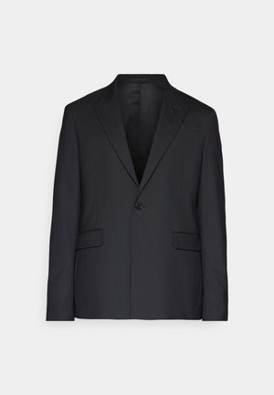Black blazer made of smooth fabric, featuring a single button, notch lapels, and two front pockets. Tailored fit with a structured silhouette.