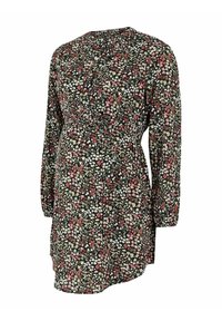 Svart gravidklänning med långa ärmar, blommönster i rosa, röd och vit, med en samlad midja och flödig silhuett.