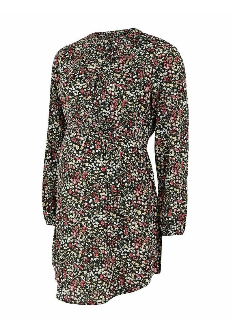 Svart gravidklänning med långa ärmar, blommönster i rosa, röd och vit, med en samlad midja och flödig silhuett.