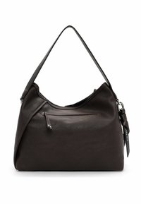 Tamsiai ruda odinė peties rankinė su vienu dirželiu, priekyje esanti kišenė su užtrauktuku ir dekoratyvinis odinis ženklas su prekinio ženklo logotipu ant metalinio žiedo.