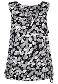 Czarna bezrękawnik z okrągłym dekoltem i falbaniastymi krawędziami, zdobiona wzorem szarych i białych kół; regulowane sznurowanie z przodu.