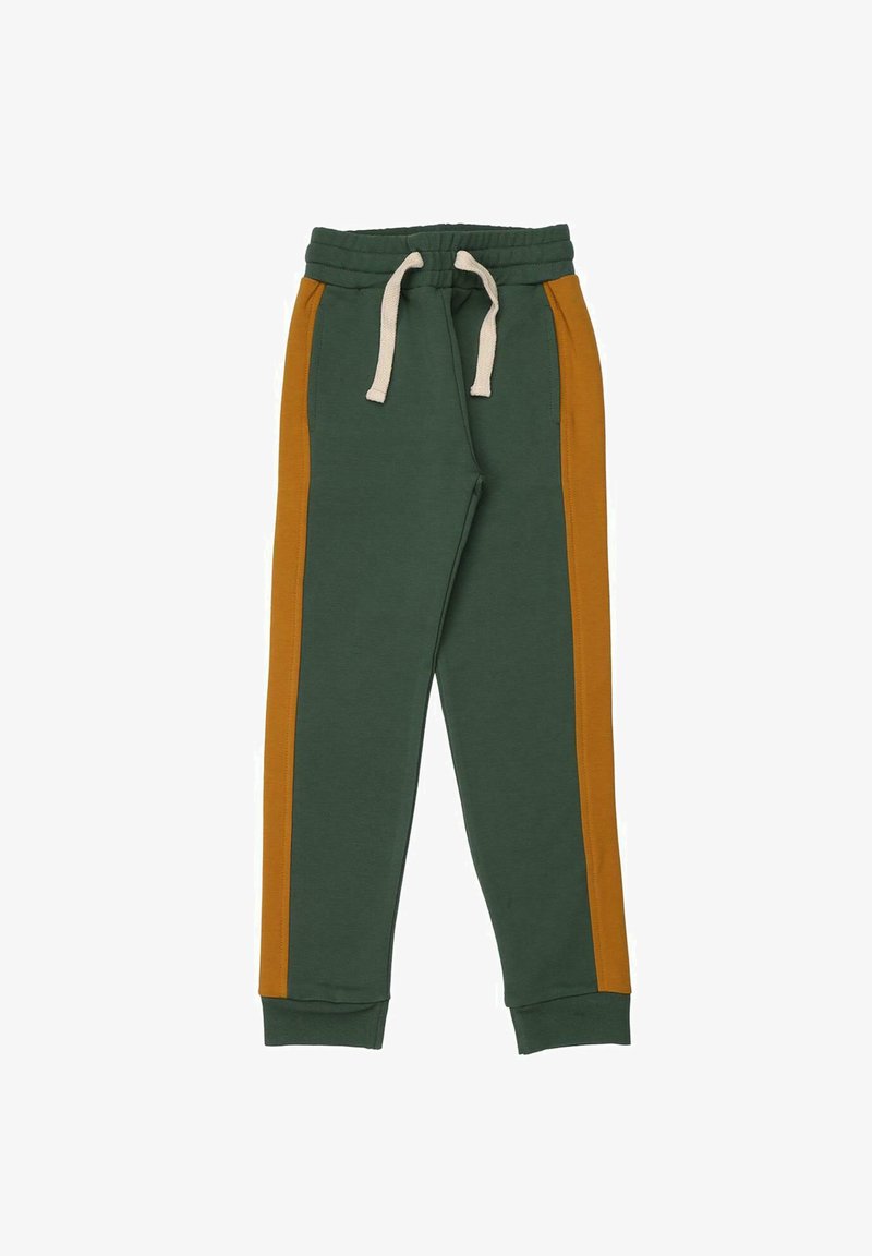 Grüne Jogginghose mit geripptem Bündchen, versehen mit gelb-orangefarbenen seitlichen Streifen und beigem Kordelzug. Glattes Material in mittlerer Dicke.