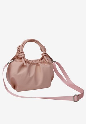 Petit sac à main rose en matériau lisse, avec un design froncé, des anses nouées et une bandoulière amovible.