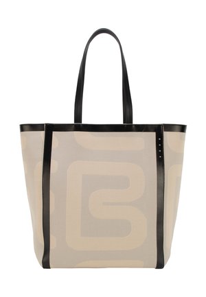 Beige skuldertaske med abstrakt geometrisk mønster, sort kant og to sorte skulderremme.