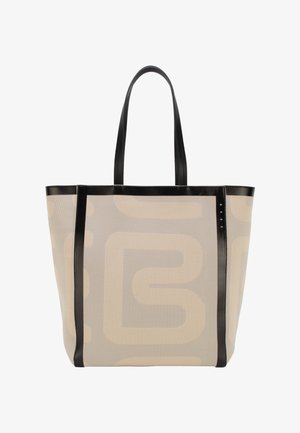 Beige Tragetasche mit abstraktem geometrischem Muster, schwarzem Besatz und zwei schwarzen Schulterriemen.