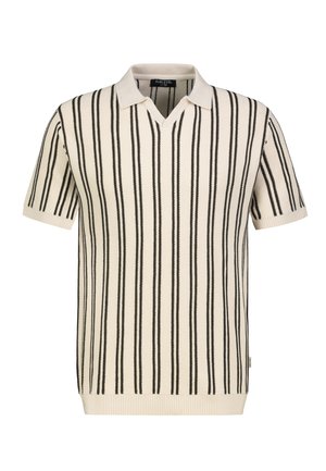 Cremefarbener Poloshirt mit kurzen Ärmeln, vertikalen schwarzen Streifen sowie geripptem Saum und Bündchen, in mittlerer Größe von der Marke Sublevel.