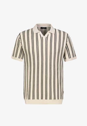 Cremefarbener Poloshirt mit kurzen Ärmeln, vertikalen schwarzen Streifen sowie geripptem Saum und Bündchen, in mittlerer Größe von der Marke Sublevel.