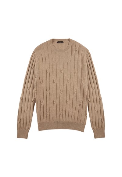 Beige gestrickter Pulli mit rundem Halsausschnitt, der über Zopfmuster und gerippte Bündchen sowie einen gerippten Saum verfügt. Weiche Textur, lange Ärmel.