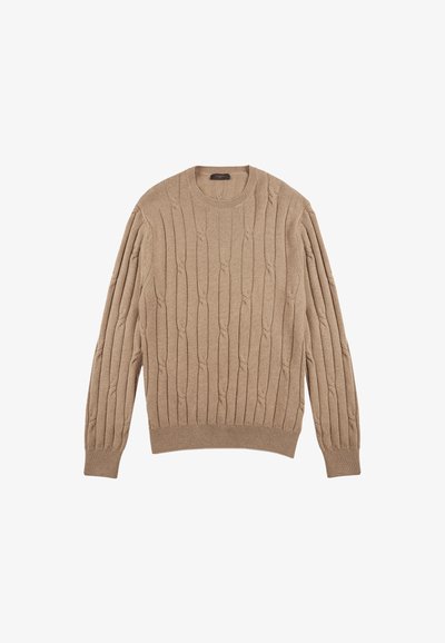 Beige gestrickter Pulli mit rundem Halsausschnitt, der über Zopfmuster und gerippte Bündchen sowie einen gerippten Saum verfügt. Weiche Textur, lange Ärmel.