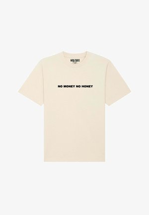 T-shirt in cotone beige con maniche corte e colletto rotondo, con la scritta "NO MONEY NO HONEY" in bold nero attraverso il petto.