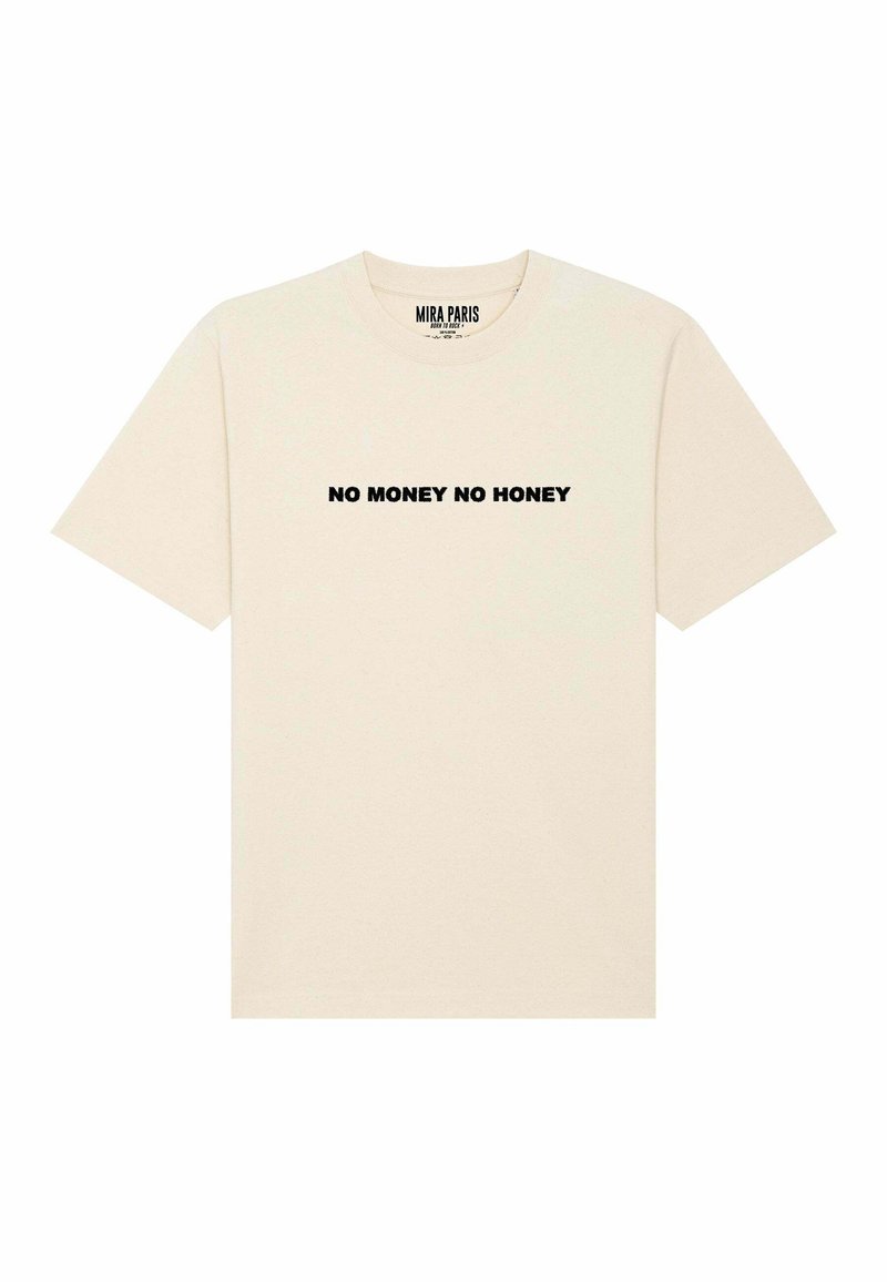T-shirt en coton beige à manches courtes et col rond, avec le texte "AUCUN ARGENT AUCUNE MIEL" en lettres noires en gras sur la poitrine.