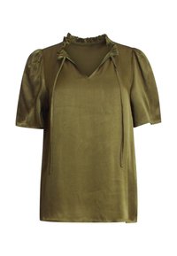 Olijfgroene blouse met korte mouwen van een gladde stof. Heeft een gerimpelde halslijn, een V-vormige uitsnijding en een trekkoorddetail bij de kraag.