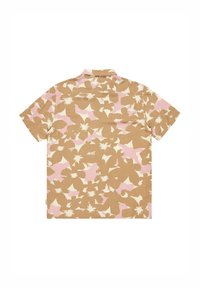 Kurzarmhemd in Beige mit einem floralen Muster in Creme und Pink. Hergestellt aus einem leichten Stoff, mit Kragen und Knopfverschluss.