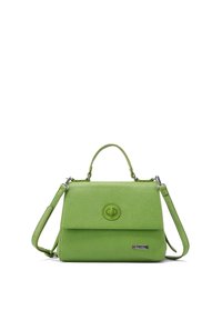 Borsa a mano in pelle verde con design strutturato, manico superiore, tracolla regolabile e un accento con logo circolare sul davanti.