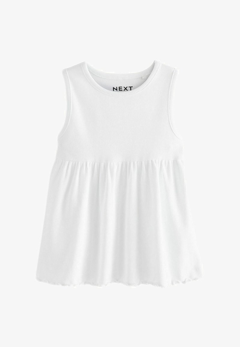 Top bianco senza maniche realizzato in tessuto a coste, con fondo arricciato e orlo grezzo. Etichetta del marchio "NEXT" visibile sul collo.