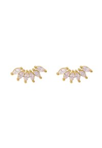 Orecchini in metallo dorato con più gemme trasparenti tagliate a marquise disposte a forma di ventaglio, con superfici lucide e dettagli arrotondati.