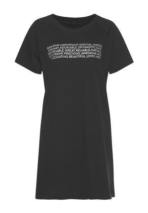Black short-sleeve dress with white positive words printed across chest, including amazing, important, special, unique, and beautiful.