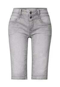 Shorts en denim gris au design ajusté, avec deux poches avant, fermeture à double bouton et texture légèrement délavée. Longueur atteignant le milieu de la cuisse.