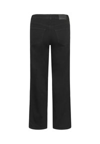 Jean en denim noir avec des jambes droites, deux poches arrière, passants de ceinture et un petit écusson de la marque sur la taille.