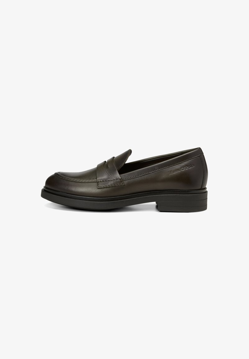 Dark brown leather loafer with a stitched detail on the toe and a rounded collar. Features a low, black rubber heel for comfort.