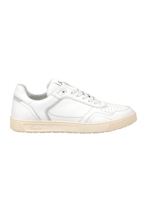 White leather sneaker with a smooth texture, featuring perforated detailing on the toe, light beige rubber sole, and subtle gray accents.