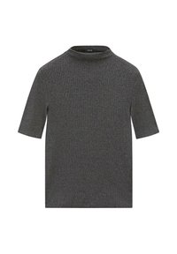 Dunkelgrauer Strickpullover mit kurzen Ärmeln, hohem Kragen und geripptem Muster, flach auf einem weißen Hintergrund ausgelegt.