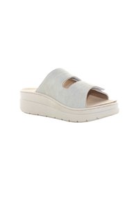 Sandalo con zeppa in suede grigio, con due aperture aperte, suola spessa bianca e dettagli testurizzati nella parte superiore. Progettato per un facile utilizzo.