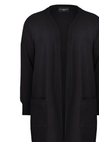 Svart cardigan gjord av mjukt tyg, med lång, öppen framkant, ribbad detaljering och två framfickor.