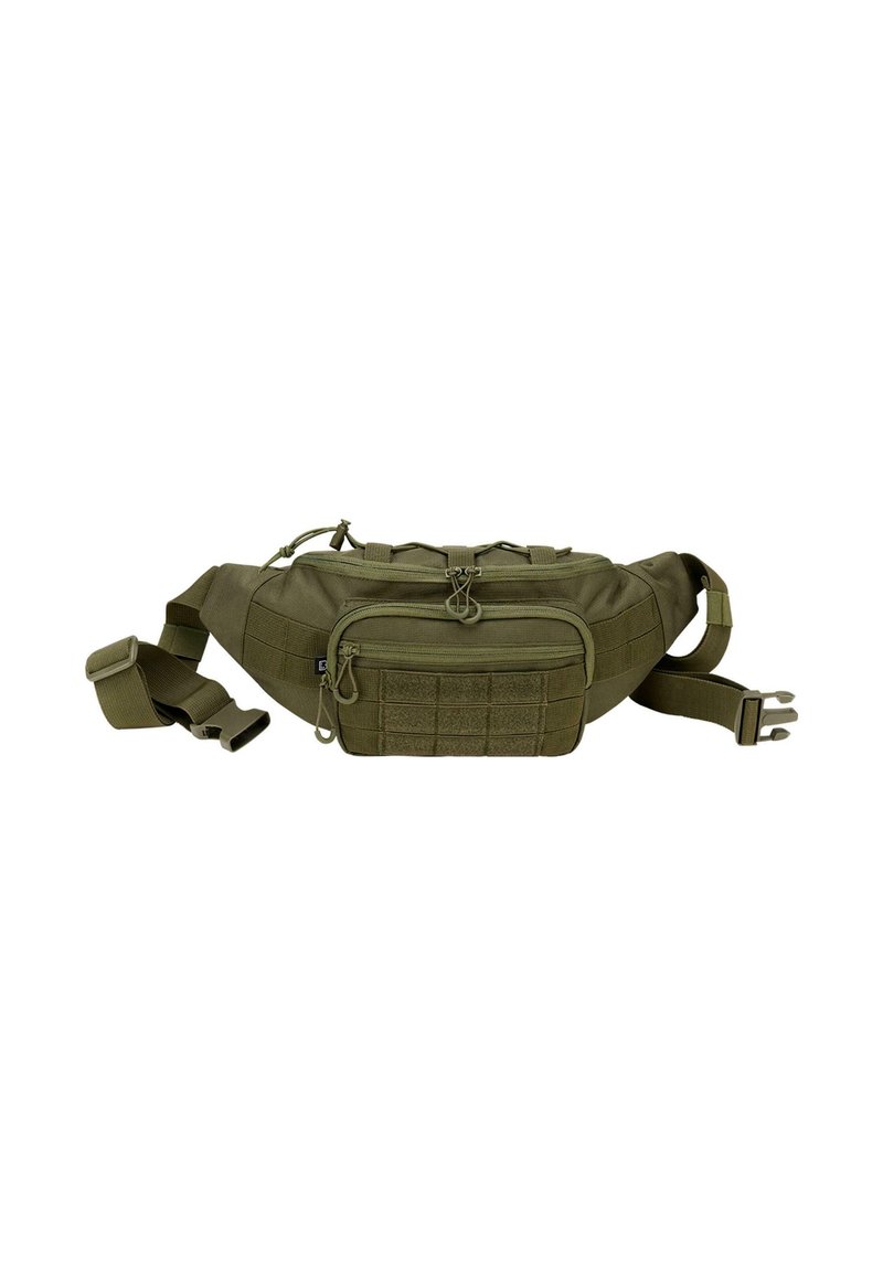 Marsupio verde oliva realizzato in tessuto resistente, con compartimento principale con zip, tasca frontale con zip e cintura regolabile.