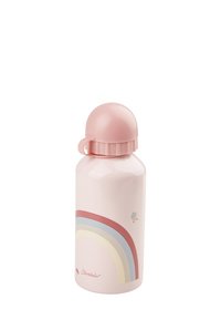 Pink water bottle with dome lid, featuring a pastel rainbow and small smiling acorn illustration on the side.