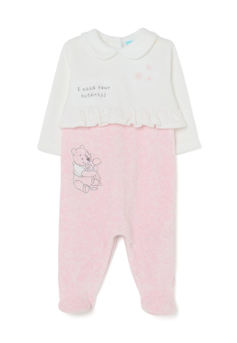 Romper para bebé en blanco y rosa claro con mangas largas, cintura con volantes y bordado "Necesito tu ternura". Presenta un gráfico de un oso de peluche.