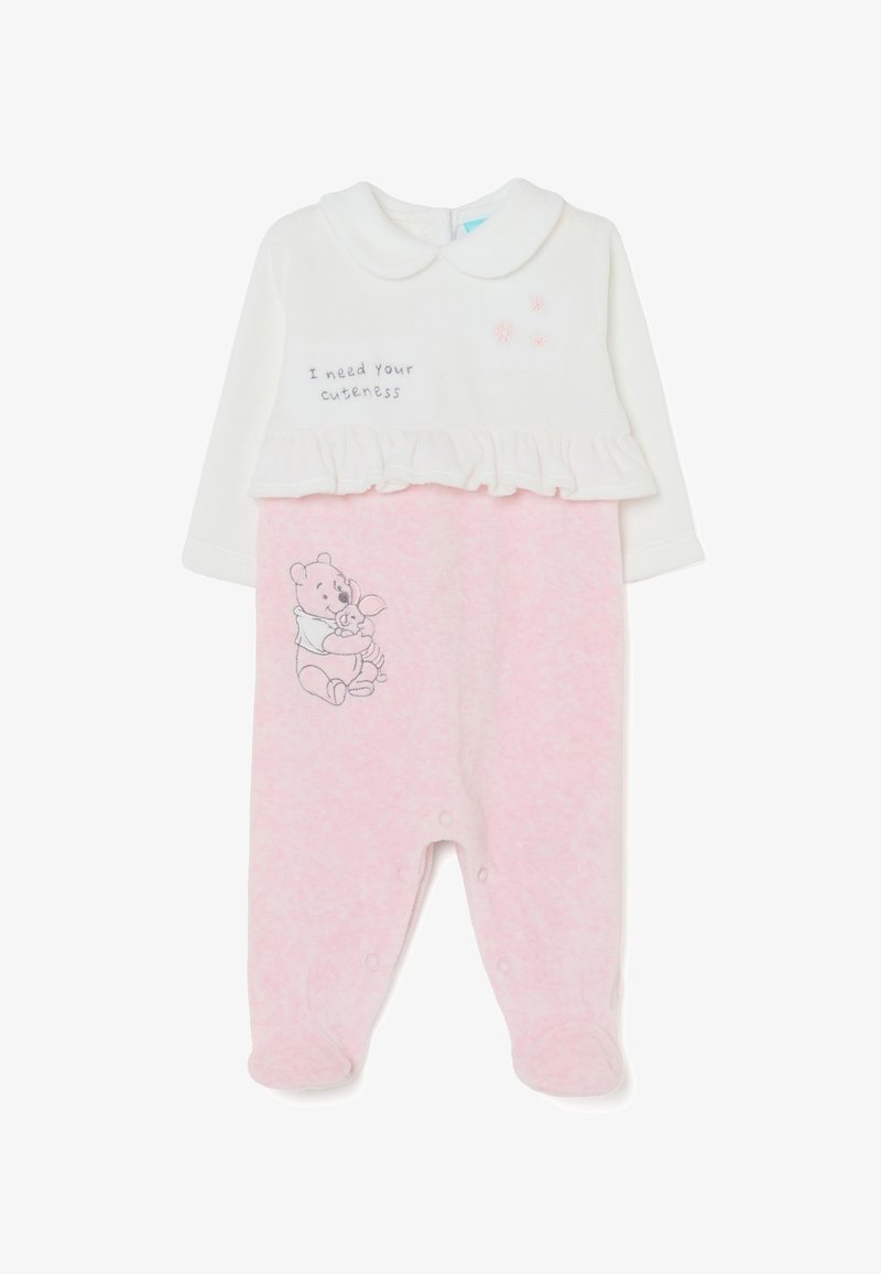 Romper para bebé en blanco y rosa claro con mangas largas, cintura con volantes y bordado "Necesito tu ternura". Presenta un gráfico de un oso de peluche.