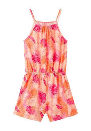 Combinaison sans manches à imprimé floral corail rose et orange, avec taille élastique et fines bretelles, conçue pour une tenue décontractée estivale.