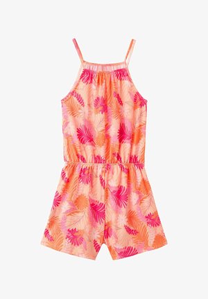Combinaison sans manches à imprimé floral corail rose et orange, avec taille élastique et fines bretelles, conçue pour une tenue décontractée estivale.