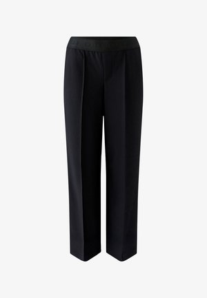 Black trousers with a straight-leg design, featuring a textured elastic waistband and subtle pleats at the front for added detail.