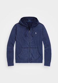 Marinblå huvtröja med framdragkedja, två sidofickor och en liten vit logotyp på vänster bröst. Mjuk tyg; avslappnad design.