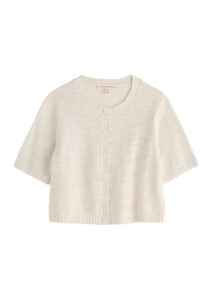 Kreemjas lühikeste varrukatega kampsunike, ümar kaelusega ja kuue esinööbiga, varrukatel ja ääristel soonikkoes viimistlus.