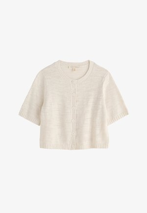 Krémový pletený kardigán s krátkym rukávom, okrúhlym výstrihom a šiestimi gombíkmi vpredu, s rebrovaným lemovaním na rukávoch a spodnom okraji.