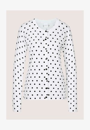 Weißer langärmeliger Cardigan mit schwarzen Punkten, rundem Ausschnitt und schwarzen Knöpfen vorne.
