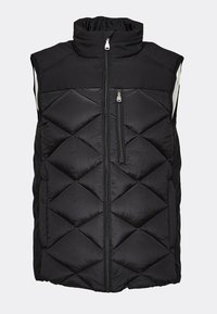 Černá prošívaná vatovaná vesta s vysokým límcem, předním zipem a boční kapsou na zip. Vyrobena z texturované, lesklé látky s diamantovým vzorem.