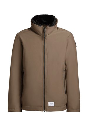 Braune insulated Jacke mit hohem Kragen, schwarzem Kunstfellfutter und Frontreißverschluss. Verfügt über seitliche Taschen und ein Logo-Tag am Saum.