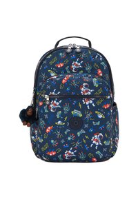 Zaino blu navy con una stampa giocosa a tema spaziale, caratterizzato da robot e design ispirati ai videogiochi, dotato di una tasca anteriore con zip e un portachiavi a forma di scimmia pelosa.