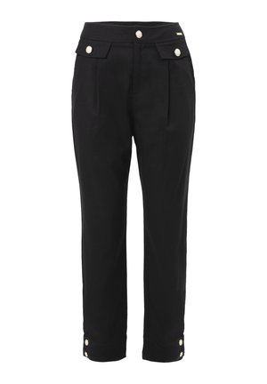 Pantaloni neri su misura con vita alta, dotati di tasche frontali, bottoni dorati e dettagli a risvolto all'orlo. Tessuto dalla consistenza liscia.