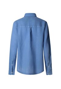 Camicia azzurra chiara con maniche lunghe, realizzata in un morbido tessuto testurizzato. Caratterizzata da un colletto e un orlo arrotondato con bottoni sui polsini.