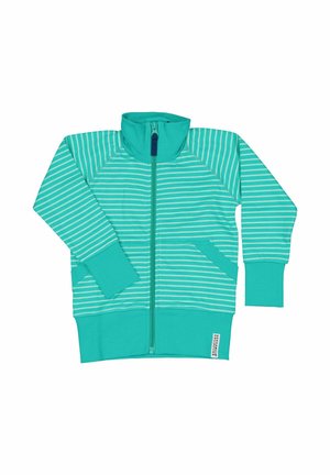 Turkis zip-up jakke med hvide vandrette striber, høj krave, lommer og ribbede manchetter. Blødt stof med en glat tekstur.
