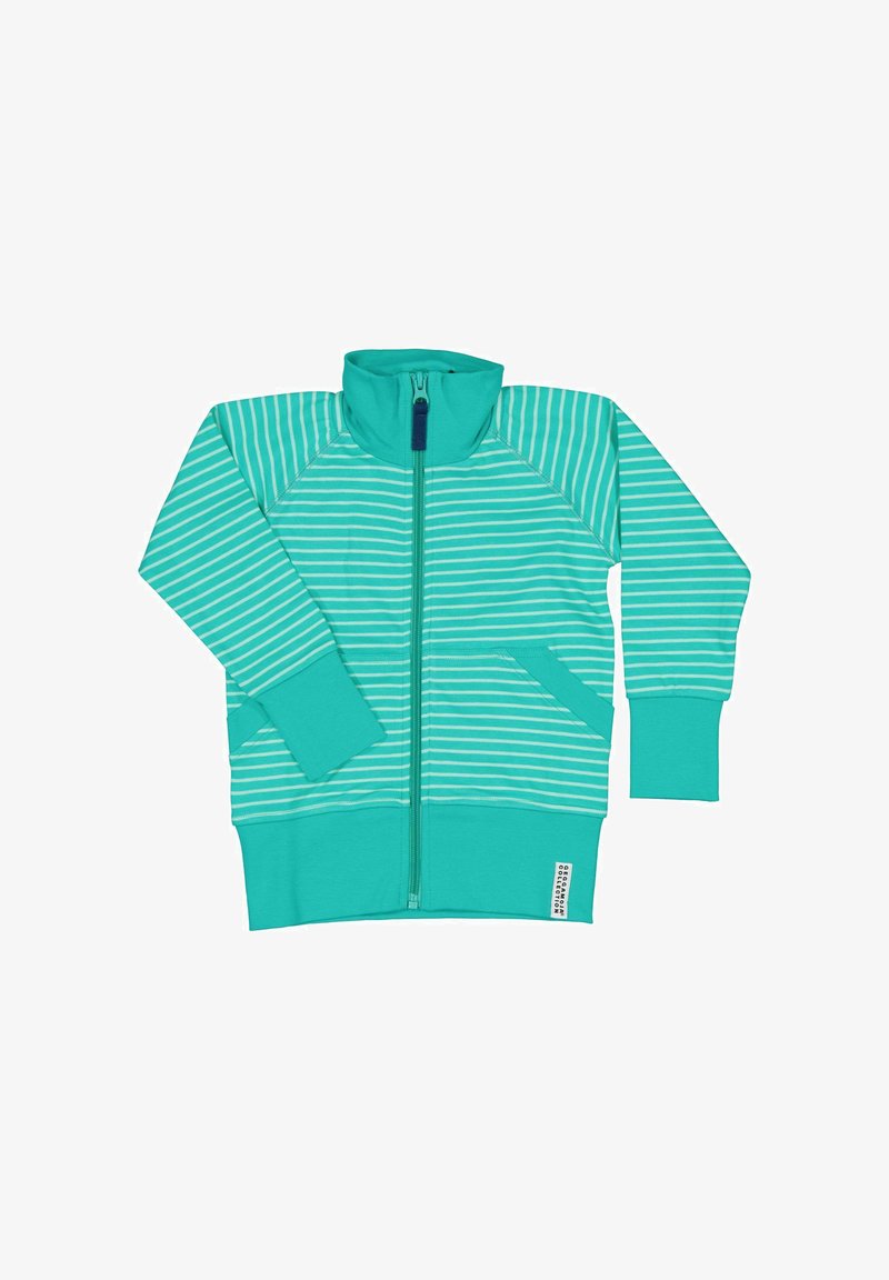Turkos zip-up jacka med vita horisontella ränder, hög krage, fickor och ribbade ärmslut. Mjuk tyg med en slät yta.